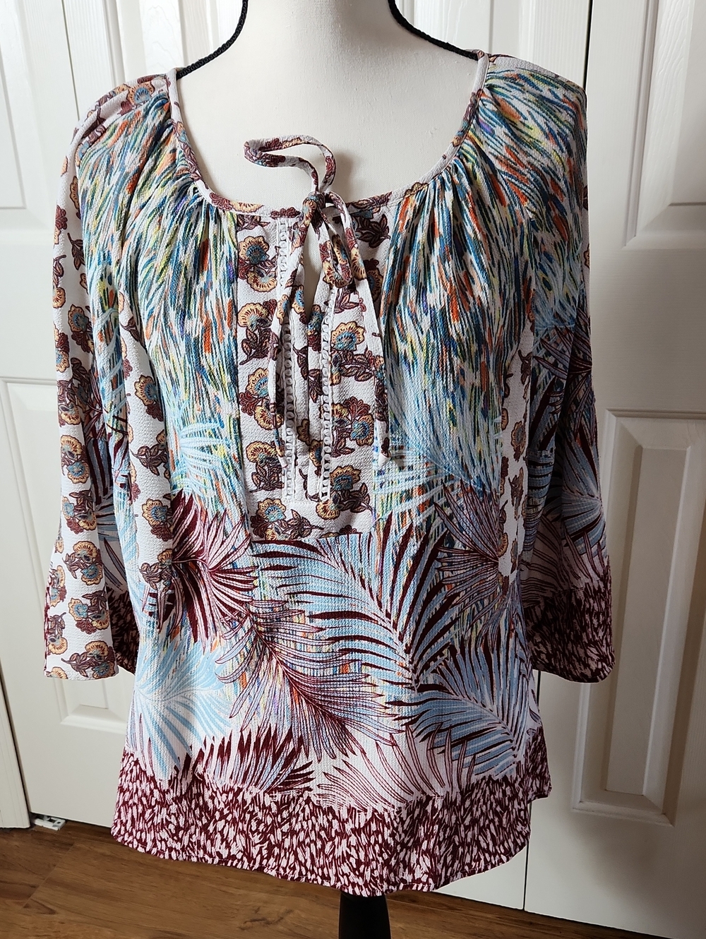 Boho Tie-Neck Printed Peasant Blouse in Blue and Brown
